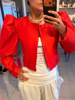 Satin taffeta Red Puff-Sleeve Cropped Jacket - Women Amoako style